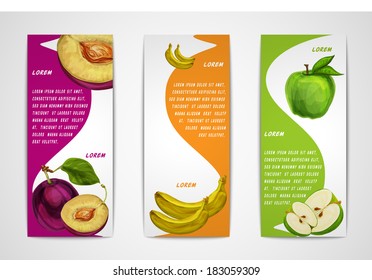 Mixed natural organic sweet fruits vertical banners collection of apple plum and banana for cafe dessert menu design template vector illustration