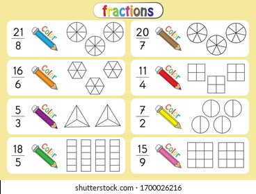 mixed number, improper fractions, color the shape to show the fraction, educational, color the parts of the shape that represent each fraction, mathematics, math worksheet