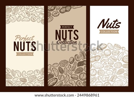Mixed nuts banner templates, backgrounds with nuts, hand-drawn food illustrations and icons