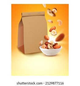 Mixted Nuts Blank Package Promotion Banner Vector. Erdnüsse und Mandeln, Haselnüsse und Kaschu vermischten Nuts in Schüssel und Papiertücher-Werbeplakat. Vorlage für Stilkonzepte