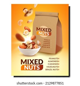 Mixted Nuts Blank Package Promotion Banner Vector. Erdnüsse und Mandeln, Haselnüsse und Kaschu vermischten Nuts in Schüssel und Papiertücher-Werbeplakat. Vorlage für Stilkonzepte