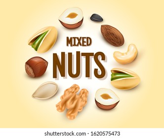 Mixed nuts icon set. 3d illustration