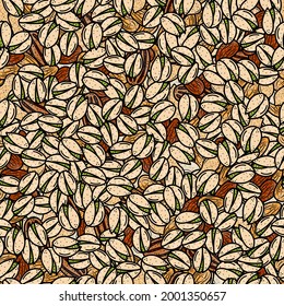 Mixed nuts seamless pattern. Pistachios, pecans, almonds. The keto diet. Vegetarian food. Vector doodle illustration by hand, sketch. Wallpaper, wrapping paper.