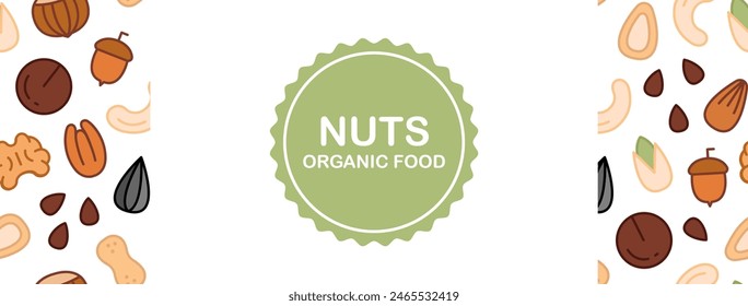 Mixed nuts and seeds banner. Poster with hazelnut, walnut, pine nuts, pecan, peanut. Background with nuts. Promotion, logo, icon design. Flat vector illustration