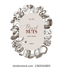 Etiqueta vectorial de nueces mixtas sobre bocetos de nueces dibujadas a mano