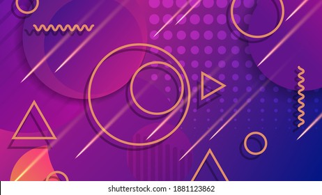 contornos anaranjados mixtos y meteoritos en caída contra un fondo de círculos superpuestos rosados y azules de diferentes tamaños. fondo artístico. estilo memphis. vector