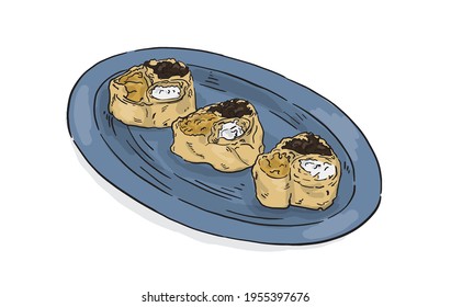 Mixed pastry with potatoes, cheese and meat. vector illustration.