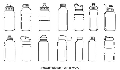 Mixed Plastic Bottle Types in Silhouette and Line Style for Packaging and Zero-Waste Concepts