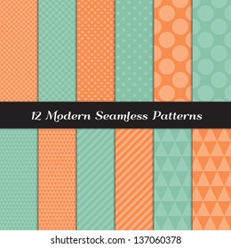 Mixed Polka Dot, Chevron, Stripes and Geometric Triangle Seamless Patterns in 2 Pantone 2013 colors of the year: Grayed Jade & Nectarine ( mint & coral ). Pattern Swatches with Global Colors.