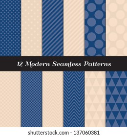 Mixed Polka Dot, Chevron, Stripes and Geometric Faceted Triangle Seamless Patterns in 2 Pantone 2013 colors of the year: Monaco Blue & Linen (pink beige) . Pattern Swatches made with Global Colors.