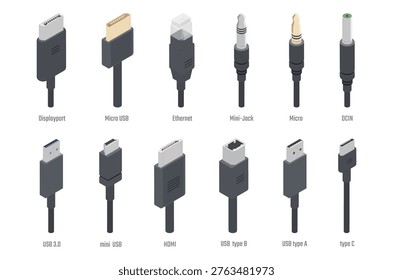 Mixed ports collection. Vector Display port, micro and mini USB, Ethernet and mini jack, DCIN and HDMI. Connectivity options for computers and electronics. Technology and hardware for IT devices