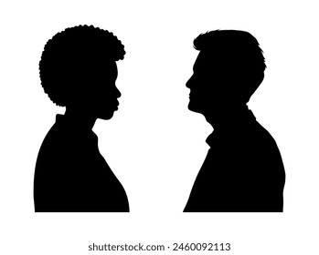 Mixed race couple face to face side view head and shoulders portrait silhouette.