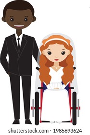 Mixed Race Couple Getting Married Black Man Groom with White Redhead Bride in Wheelchair