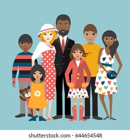 Mixed race family with 5 children. Cartoon ilustration, vector.