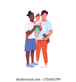 Familia de razas mixtas de color plano vectorial caracteres sin fachada. Una pareja gay afroamericana y caucásica con un niño. Ilustración de dibujos animados aislados de generación Z para diseño gráfico web y animación