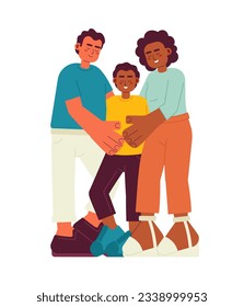 Mixed race family hug candid flat vector spot illustration. Latino father and african american mom embracing son 2D cartoon characters on white for web UI design. Isolated editable creative hero image