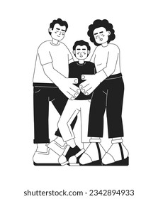 Mixed race family hug candid monochrome vector spot illustration. Latino father and american mom embracing son 2D flat bw cartoon characters for web UI design. Isolated editable hand drawn hero image