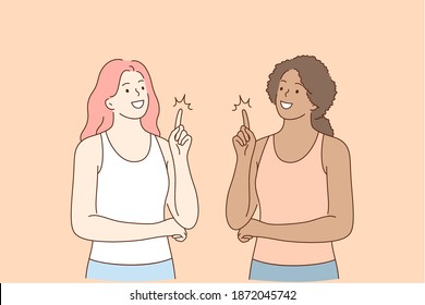 Mixed race friendship, finger up idea concept. Two smiling cheerful girls of different race standing pointing fingers up showing good idea or thought in mind vector illustration