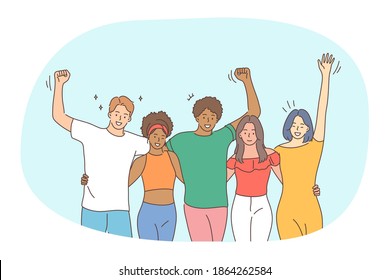 Mixed race friendship, students, friends meeting concept. Group of happy smiling young people friends teens of various races standing having fun with hands raised outdoors together together 