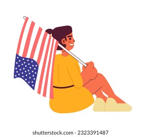 Mixed race girl with american flag sitting semi flat colorful vector character. Patriotism national flag. Editable full body person on white. Simple cartoon spot illustration for web graphic design