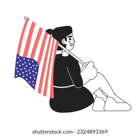 Mixed race girl with american flag sitting monochromatic flat vector character. Patriotism national flag. Editable line full body person on white. Simple bw cartoon spot image for web graphic design