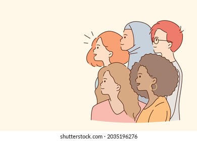 Mixed race group attention concept. Group of multi ethnic people girls and boys standing and looking away over light background, copy pace, vector illustration 