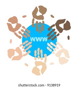 mixed race hands connecting on internet globally - vector