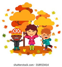 Mixed race kids hawing fun playing under the trees in golden autumn park with falling leaves. Flat style vector cartoon illustration isolated on white background.