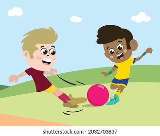 Mixed Race Kids Playing Football Soccer Outdoor In Public Park With Friends. Post Covid Games And Social Life.