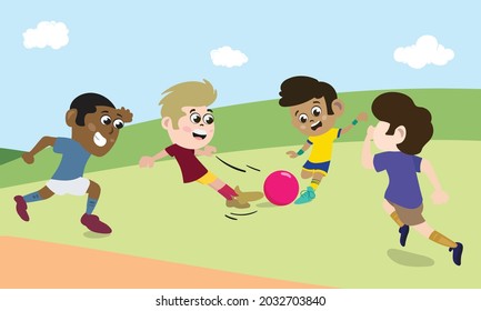 Mixed Race Kids Playing Football Soccer Outdoor In Public Park With Friends. Post Covid Games And Social Life.