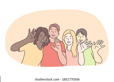 Mixed race, multi ethnic group of friends, international friendship concept. Group of smiling friends cartoon characters of different nationalities standing and waving hands to camera together