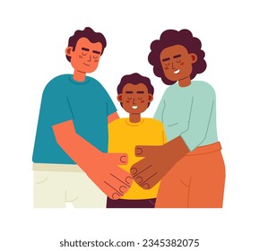 Mixed race parents with smiling son semi flat color vector characters. Family time. Two parents child. Editable half body people on white. Simple cartoon spot illustration for web graphic design