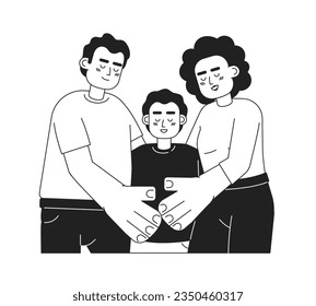 Mixed race parents with smiling son monochromatic flat vector characters. Family time. Two parents child. Editable thin line people on white. Simple bw cartoon spot image for web graphic design