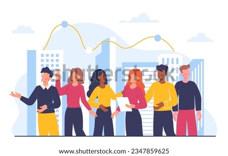 Mixed race people concept. Men and women communicate against backdrop of skyscrapers. Interaction from different races and cultures. Unity and tolerance, respect. Cartoon flat vector illustration