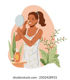 Mixed race woman applying cream on facial skin flat color vector illustration. Smiling lady beauty routine concept icon on white background
