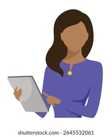 Mixed race woman with long hair, confidently holding a tablet. The minimal design is ideal for depicting a businesswoman, manager, entrepreneur, diversity, and professionalism in the workplace.
