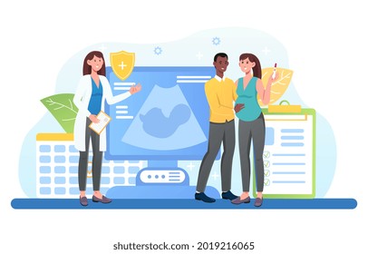 Mixed racial family expecting baby visit doctor medical office taking consultation and diagnosis. Family planning. Flat cartoon illustration vector concept design isolated on white background