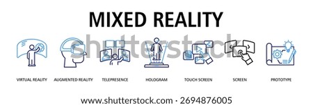 Mixed Reality banner web icon vector illustration concept with icon of virtual reality, augmented reality, telepresence, hologram, touch screen, screen, prototype
