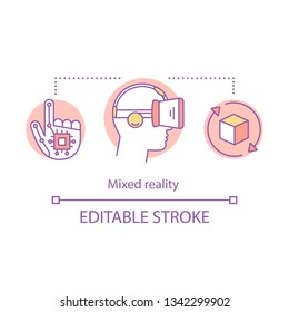 Mixed reality concept icon. Devices for digital environment. Virtual reality headset and gloves. VR player idea thin line illustration. Vector isolated outline drawing. Editable stroke