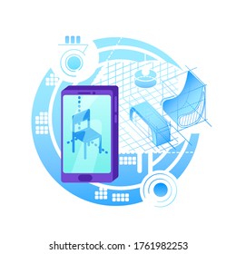 Mixed reality projection 2D vector web banner, poster. Smartphone for AR experience flat object on cartoon background. Simulator for entertainment. Interior modeling with technology colorful scene