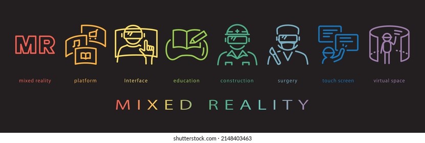 Mixed Reality vector icon set. neon color on black background.