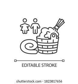 Mixed sauna pixel perfect linear icon. Bathhouse thin line customizable illustration. Contour symbol. Steam bath with no gender restriction. Vector isolated outline drawing. Editable stroke