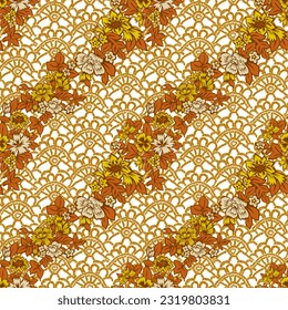 Mixed seamless floral pattern. Summer botanical background with garden flowers overlay on crochet mosaic lace texture. Knitting embroidery geometric tracery. Folk style nature ornament. Boho design.