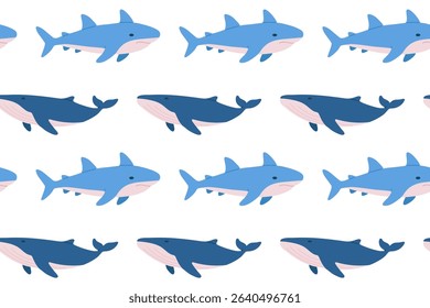 Mixed seamless pattern with sharks and orcas swimming together. Great for marine projects, children’s products and wallpaper