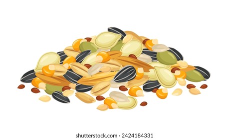 Mixed seeds and grains. Health food agricultural mix, natural ingredients and bird feed vector illustration. Various products in heap. Organic pumpkin and sunflower, corn ingredients