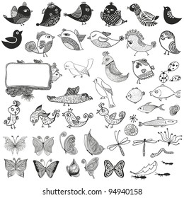 Mixed  set of birds fishes  insects. doodle vector