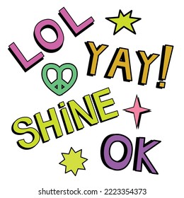 Mixed set of groovy typography Lol Yay Shine Ok Contemporary comic doodle text . Colorful retro element of for print, poster, card, collage design EPS