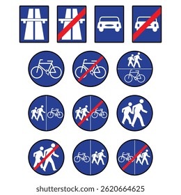 Mixed set of road signs combining prohibition and guidance symbols. Includes restricted areas and directional signs for road use.