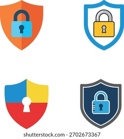 Mixed shield badges with padlocks and keyholes in bright flat style to show secure browsing, HTTPS, threat prevention, and system defense for apps, web pages, prints, and marketing graphics.