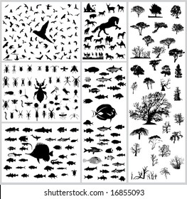 Mixed silhouettes set birds mamals fishes trees insects reptiles